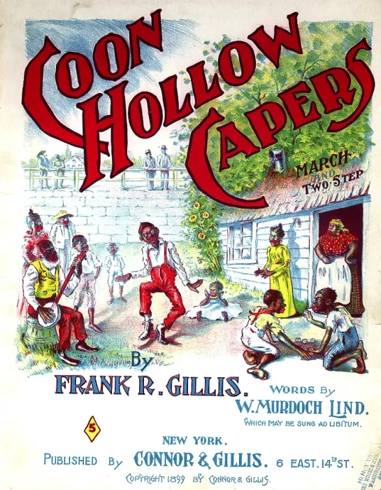 Framed Print : Sheet music, illustration shows African Americans dancing, playing music, shooting dice, Coon Hollow capers, words by W. Murdock Lind, music by Frank R. Gillis, 1899