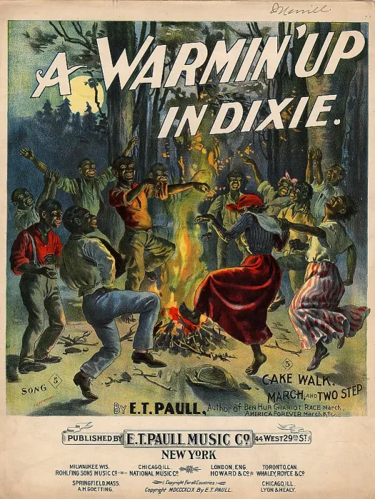 Framed Print : Sheet music, A Warmin up in Dixie, cake walk, march and two step, illustration shows African Americans dancing around a fire, illustration by J.E. Rosenthal, 1899