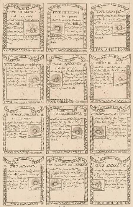 Framed Print : Sheet of uncut Massachusetts currency of 5, 4, 3, and 2 shilling bills engraved by Paul Revere in 1782