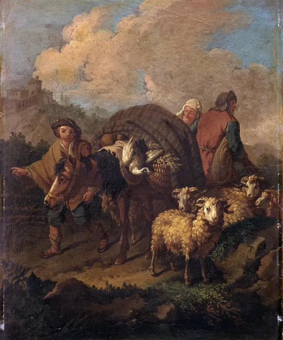 Framed Print : Sheperds Travelling with Donkey and Sheep, after Francesco Londonio, 18th Century, oil on canvas paper - Italy, Lombardy, Milan, Castello Sforzesco Framed Print : Sheperds Travelling with Donkey and Sheep, after Francesco Londonio, 18th Century, oil on canvas paper - Italy, Lombardy, Milan, Castello Sforzesco