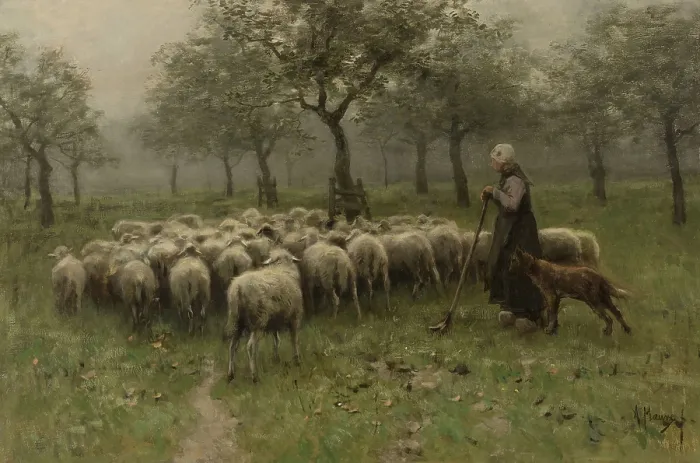 Framed Print : Shepherdess with a Flock of Sheep, by Anton Mauve, c. 1870-88, Dutch painting, oil on canvas. Sheep and dogs in an orchard. (BSLOC_2016_1_316) Framed Print : Shepherdess with a Flock of Sheep, by Anton Mauve, c. 1870-88, Dutch painting, oil on canvas. Sheep and dogs in an orchard. (BSLOC_2016_1_316)