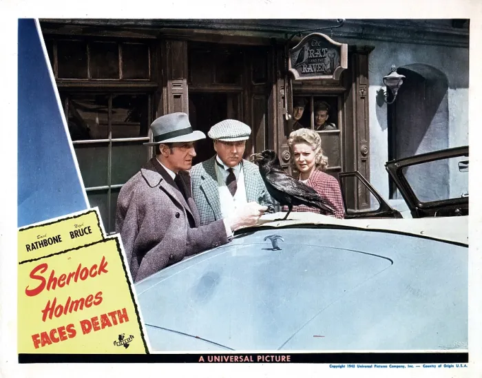 Framed Print : SHERLOCK HOLMES FACES DEATH, from left, Basil Rathbone, Nigel Bruce, Hillary Brooke, 1943