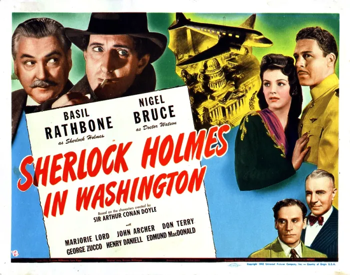 Framed Print : SHERLOCK HOLMES IN WASHINGTON, Nigel Bruce, Basil Rathbone, Marjorie Lord, John Archer, Gavin Muir, George Zucco, 1943