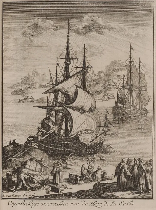 Framed Print : Ships from Robert Cavelier, sieur de La Salle, at Matagorda Bay, on the Gulf of Mexico coast of present-day Texas