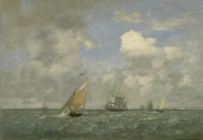 Framed Print : Ships and Sailing Boats Leaving Le Havre, by Eugene Boudin, 1887 French impressionist painting, oil on canvas