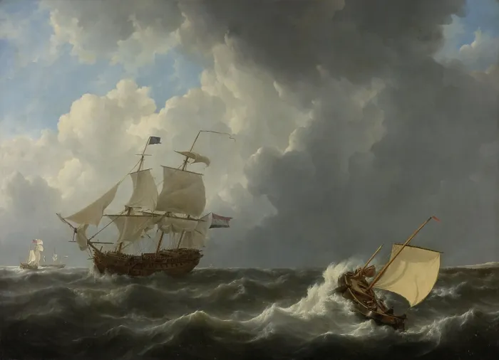 Framed Print : Ships in a Turbulent Sea, by Johannes Christiaan Schotel, 1826, Dutch painting, oil on canvas. Four ships in rough sea, with a Dutch warship in the foreground. (BSLOC_2016_1_211)