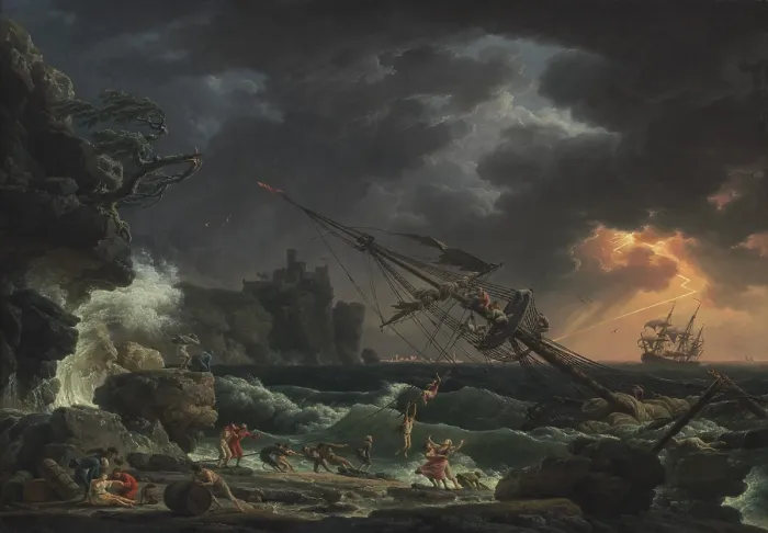 Framed Print : The Shipwreck, by Claude-Joseph Vernet, 1772, French painting, oil on canvas. People escape on a life line from a storm wrecked ship on a rocky shore Framed Print : The Shipwreck, by Claude-Joseph Vernet, 1772, French painting, oil on canvas. People escape on a life line from a storm wrecked ship on a rocky shore