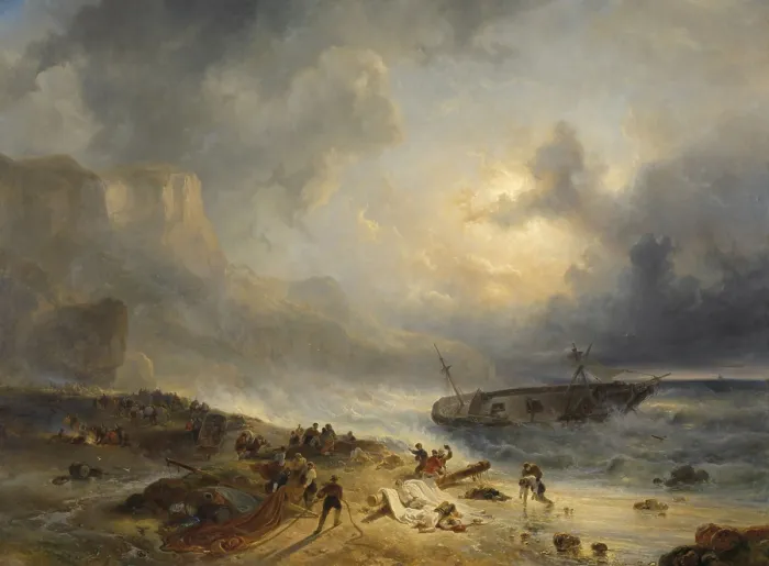 Framed Print : Shipwreck off a Rocky Coast, by Wijnand Nuijen, c. 1837, Dutch painting, oil on canvas