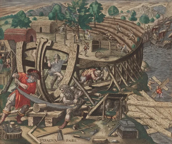 Framed Print : Shipwrecked men of Diego de Nicuesa's expedition to Panama built the first ocean going European ship in the Americas