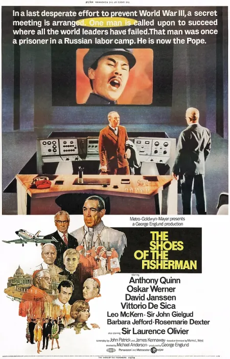 Framed Print : THE SHOES OF THE FISHERMAN, US poster art, Anthony Quinn (right), Laurence Oliver (center top), top row from left: John Gielgud, Oskar Werner