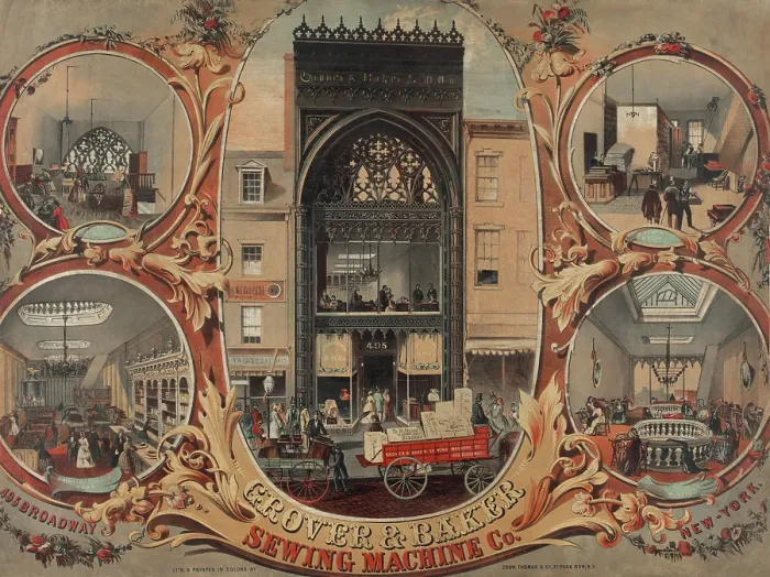 Framed Print : Shoppers at the Grover & Banker Sewing Machine Company store in New York City. Patented in the 1840s, sewing machines were mass produced in the 1850s Framed Print : Shoppers at the Grover & Banker Sewing Machine Company store in New York City. Patented in the 1840s, sewing machines were mass produced in the 1850s