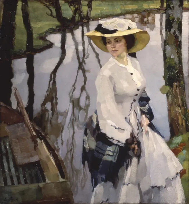 Framed Print : On the Shore (Sulla riva), by Leo Putz, 1909, 20th Century, oil on canvas - Private collection. Whole artwork view. Portrait of a young woman walking on a river shore