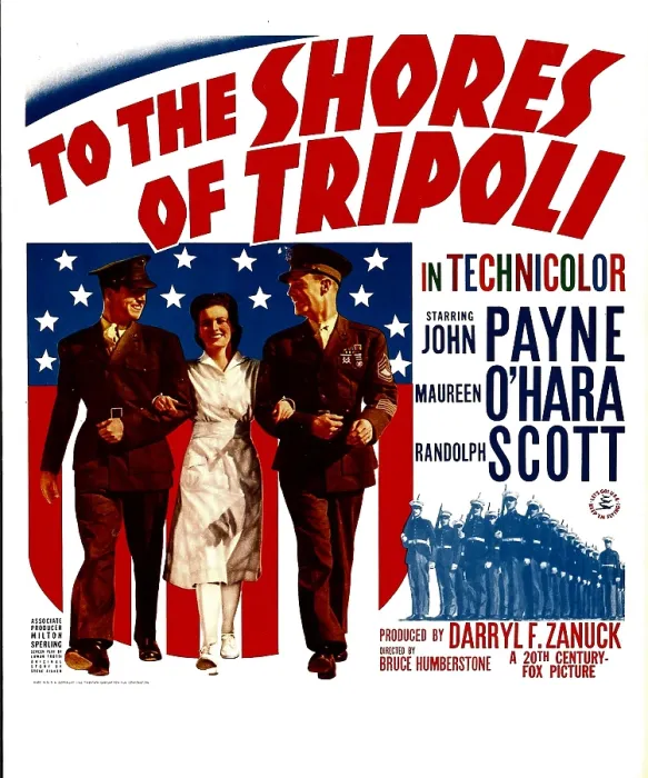 Framed Print : TO THE SHORES OF TRIPOLI, from left: John Payne, Maureen O'Hara, Randolph Scott on window card, 1942, TM and Copyright 20th Century Fox Film Corp