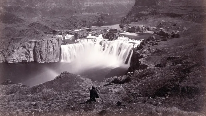 Framed Print : Shoshone Falls, Idaho. Waterfalls, mountains, and man seated on hillside. Timothy O'Sullivan, Albumen print, 1868