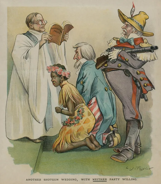 Framed Print : ANOTHER SHOTGUN MARRIAGE, WITH NEITHER PARTY WILLING, PUCK Magazine cartoon of Dec. 1, 1897