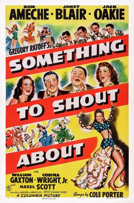 Framed Print : SOMETHING TO SHOUT ABOUT, US poster art, from left: Cobina Wright Jr. (aka Cobina Wright), Don Ameche, Jack Oakie, Janet Blair, 1943