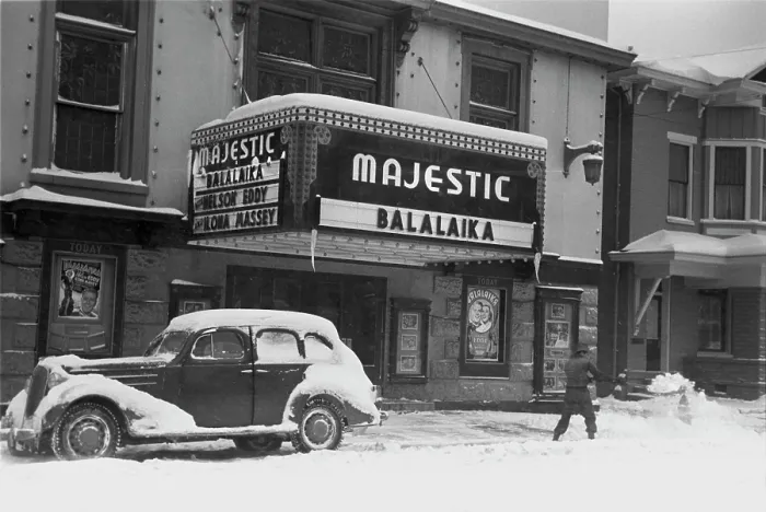 Framed Print : Shoveling snow away from the movie entrance of the Majestic theater, showing BALALAIKA, Chillicothe, Ohio, photograph by Arthur Rothstein, February, 1940