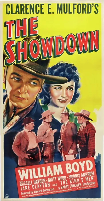 Framed Print : THE SHOWDOWN, top l-r: William Boyd, Jan Clayton, bottom second from left: William Boyd on poster art, 1940