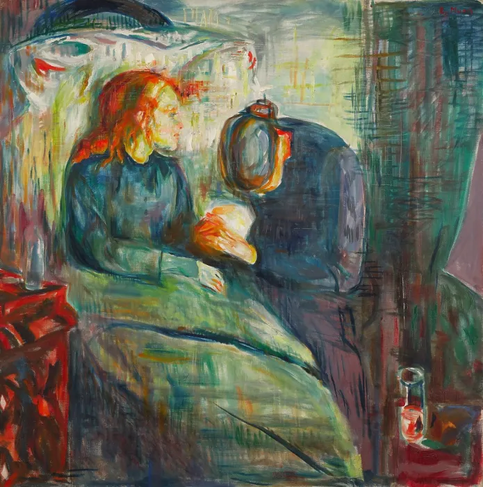 Framed Print : Sick Child, 1925, by Edvard Munch, 1863-1944, Norwegian Expressionist painting, oil on canvas. A distressed mother with her head down, holds a sick childs hand t her bedside