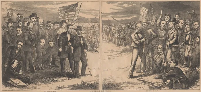 Framed Print : Both Sides of the Question is an 1868 political cartoon about the first Presidential election after the US Civil War Framed Print : Both Sides of the Question is an 1868 political cartoon about the first Presidential election after the US Civil War