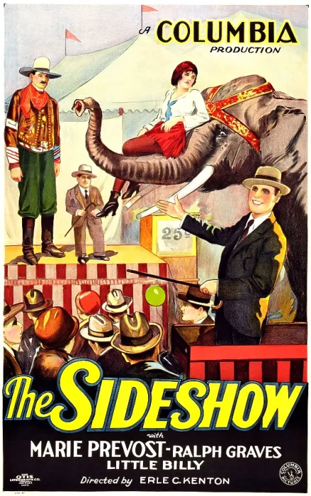 Framed Print : THE SIDESHOW, Marie Prevost (woman sitting on elephant), Ralph Graves (man on right); Style B 1-sheet poster art, 1928