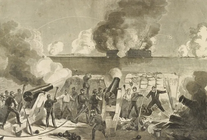 Framed Print : Siege of Fort Sumter by a Confederate batteries on April 13, 1861. Confederate soldiers fire cannons from an artillery battery, bombarding Sumter in the distance Framed Print : Siege of Fort Sumter by a Confederate batteries on April 13, 1861. Confederate soldiers fire cannons from an artillery battery, bombarding Sumter in the distance