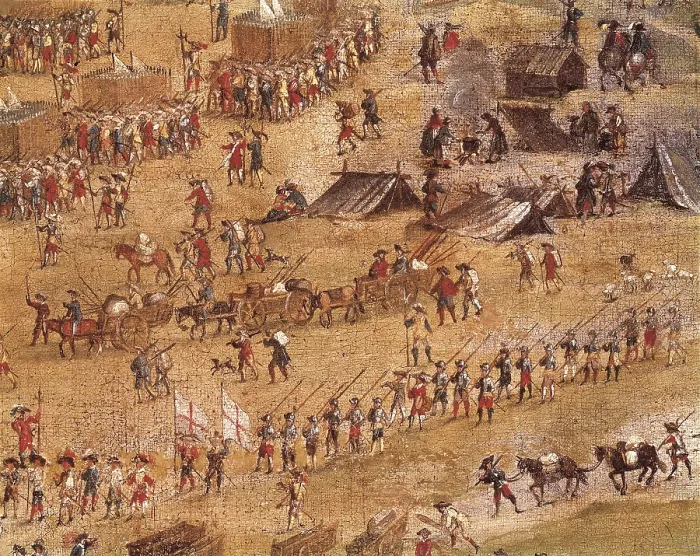 Framed Print : Siege of La Rochelle. From 10th January 1627 to 28th October 1628. ca. 1640. Detail with Richelieu's troops. Anonymous. Oil on canvas. FRANCE. Versailles
