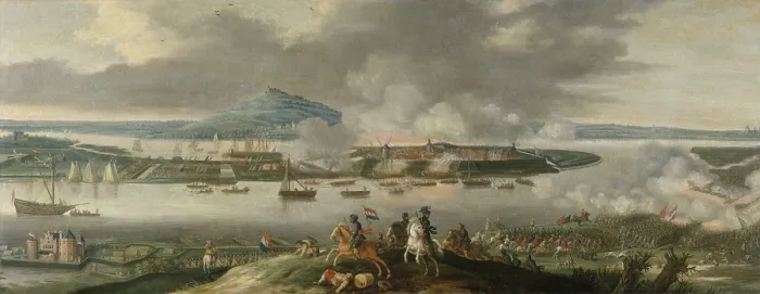 Framed Print : Siege of Schenckenschans by Prince Frederick Henry, April 1636, by Gerrit van Santen, c. 1636-50, Dutch painting, oil on canvas