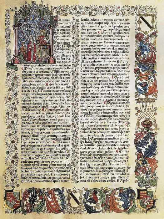 Framed Print : The Siete Partidas Codex, law code from the Kingdom of Castille written in times of Alfonso X the Wise. Gothic art. Miniature Painting. SPAIN. Madrid. National Library