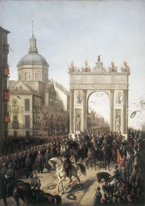 Framed Print : SIGENZA Y CHAVARRIETA, Joaqun (19th century). Entrance of Alfonso XII into Madrid on January 15th, 1875. ca. 1875. Oil on canvas. AISA / Everett Collection**US SALES ONLY**