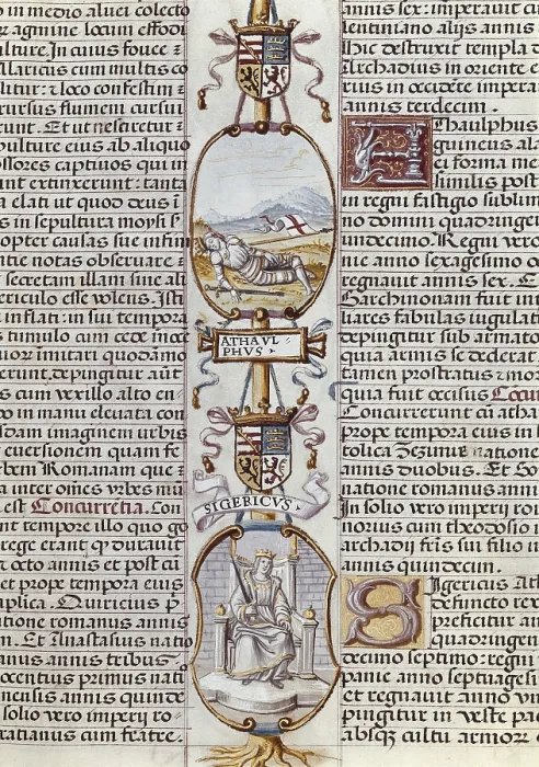Framed Print : SIGERICO ( -415); ATAULPHUS ( -415). Visigothic king (410 - 415). Genealoga de los Reyes de Espaa. 1463. Work by CARTAGENAAlonso de (1384-1456). Miniature Painting. SPAIN. Madrid Framed Print : SIGERICO ( -415); ATAULPHUS ( -415). Visigothic king (410 - 415). Genealoga de los Reyes de Espaa. 1463. Work by CARTAGENAAlonso de (1384-1456). Miniature Painting. SPAIN. Madrid