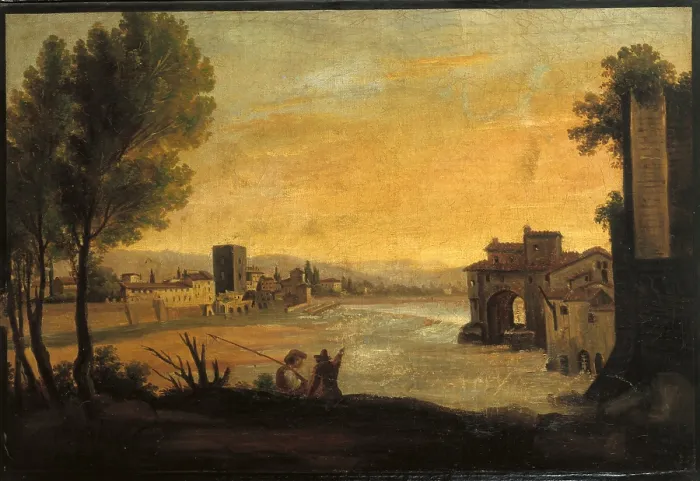 Framed Print : Sight of the Arno Bench and of the Zecca Vecchia (Veduta del Lungarno della Zecca Vecchia), by Unknown Florentine Artist of the first quarter of the 19th Century, 1800 - 1825