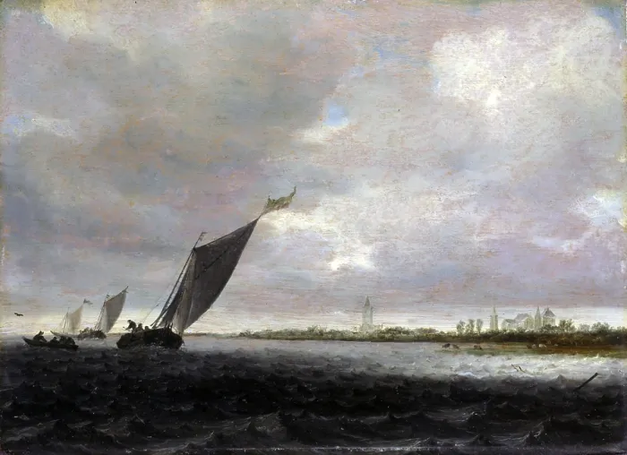 Framed Print : Sight on a River, by Salomon Van Ruysdael, 1640 - 1650, 17th Century, oil on board, 31 x 44 cm - Italy, Lombardy, Milan, Castello Sforzesco, Civic Collection of Ancient Art