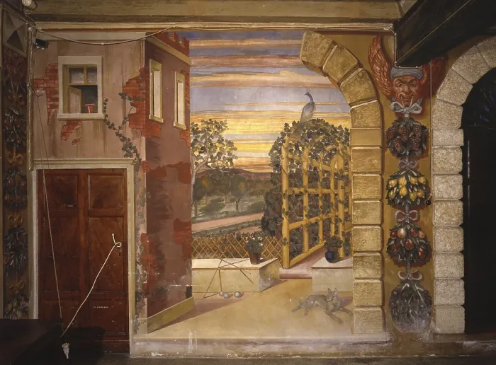 Framed Print : Sight of a Yard in the Countryside, by Angelo Zamboni, 1923, 20th Century, fresco - Italy, Veneto, Grezzana, Giusti Cometti Villa. Detail