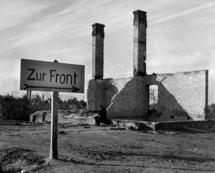 Framed Print : Sign with Arrow reads, Zur Front'. Or To the Front'. It directs the invading German army to the battle moving towards Warsaw. Sept