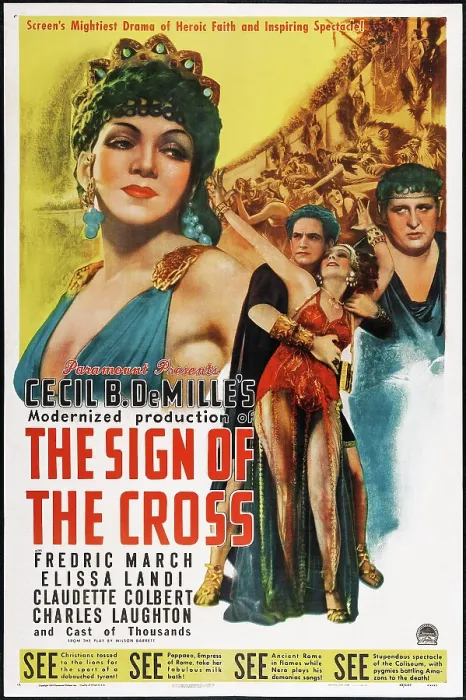 Framed Print : THE SIGN OF THE CROSS, l-r: Claudette Colbert, Fredric March, Claudette Colbert, Charles Laughton on poster art, 1932