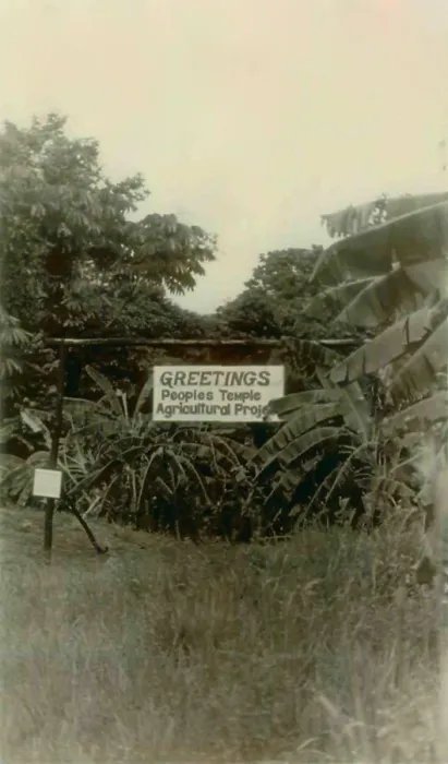 Framed Print : Sign at the entrance of People's Temple Agricultural Project. Jonestown, Guyana. Nov. 1978