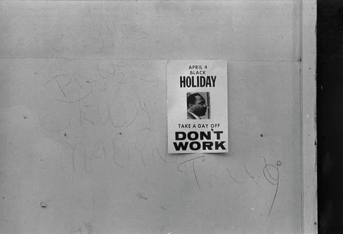 Framed Print : Sign promoting a holiday to honor the anniversary of the assassination of Martin Luther King, Jr. on a shop on H Street, reads: Don't work, Washington DC Framed Print : Sign promoting a holiday to honor the anniversary of the assassination of Martin Luther King, Jr. on a shop on H Street, reads: Don't work, Washington DC