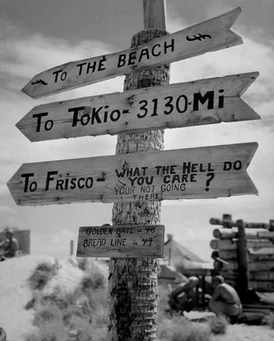 Framed Print : Sign on Tarawa Island illustrates Marine Corps humor and lack of optimism as to duration of war against Japan. Gilbert Islands, June 1944. (BSLOC_2013-12_195)