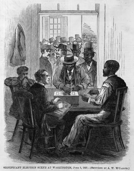 Framed Print : Significant election scene at Washington. Black and white men observe while other blacks and whites prepare to place ballots into box. June 3, 1867 Framed Print : Significant election scene at Washington. Black and white men observe while other blacks and whites prepare to place ballots into box. June 3, 1867