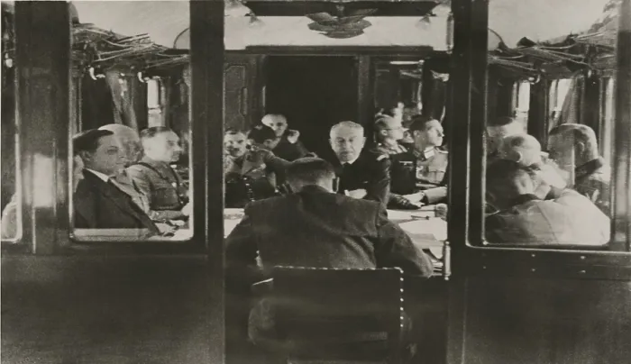 Framed Print : Signing Franco-German Armistice inside the same railroad coach in which the Germans signed the armistice ending World War I. Compiegne Forest in France, July 31, 1940