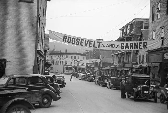Framed Print : Signs for the 1936 election. Hardwick Vermont streets with campaign signs for Roosevelt and Garner The Townsend Plan and Landon and Knox. Sept. 1936