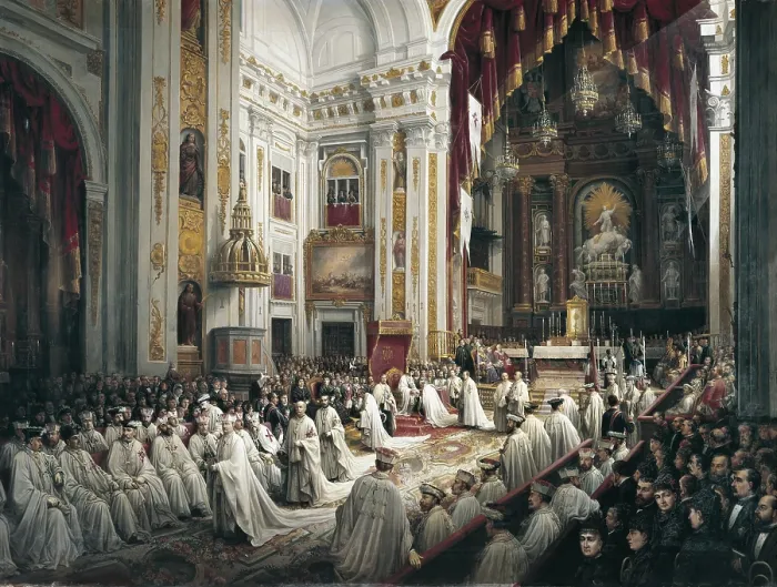 Framed Print : SIGUENZA Y CHAVARRIETA, Joaquin (19th century). Meeting of the Chapter of Military Orders in Order to Invest Alfonso XII as Grand Master