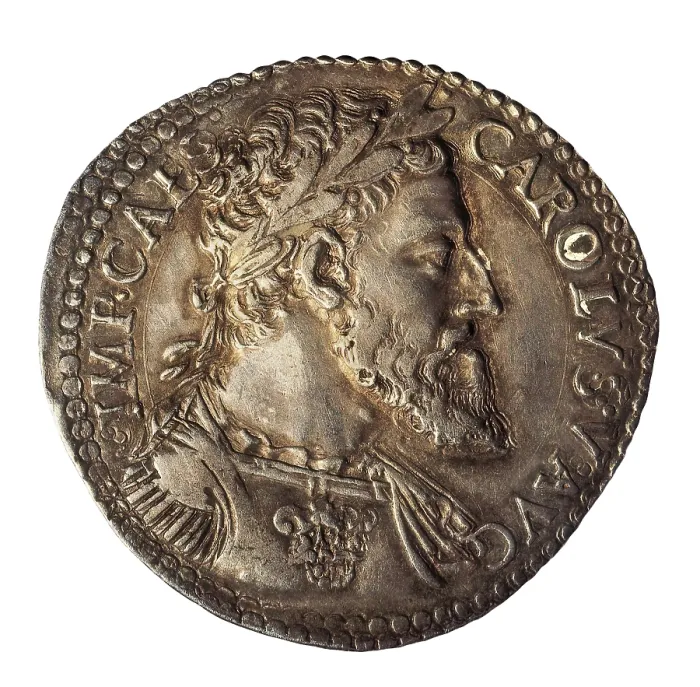 Framed Print : Silver coin with the effigy of Charles V. Coin. AISA / Everett Collection**US SALES ONLY**