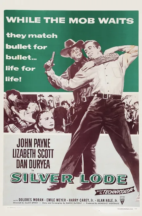 Framed Print : SILVER LODE, US re-issue poster, standing from left: Dan Duryea, John Payne, 1954