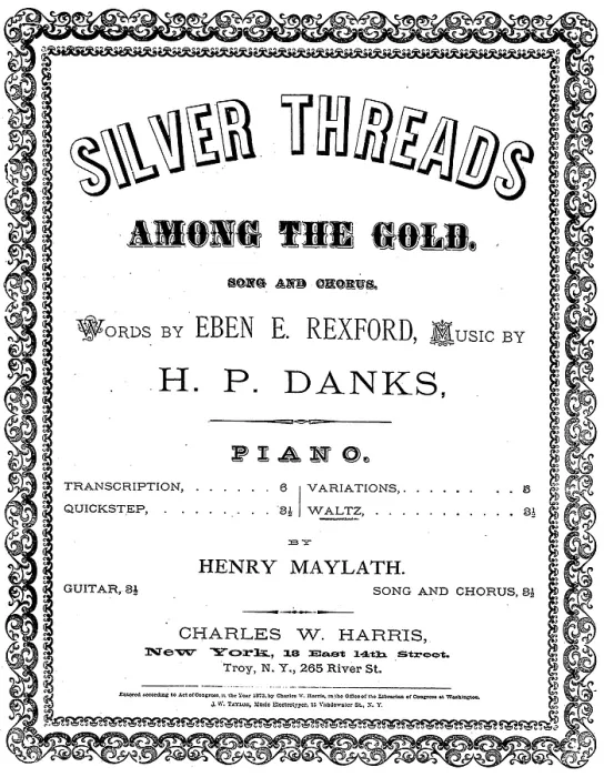 Framed Print : Silver Threads Among the Gold, sheet music, by Eben E. Rexford and H. P. Danks, circa 1873 Framed Print : Silver Threads Among the Gold, sheet music, by Eben E. Rexford and H. P. Danks, circa 1873