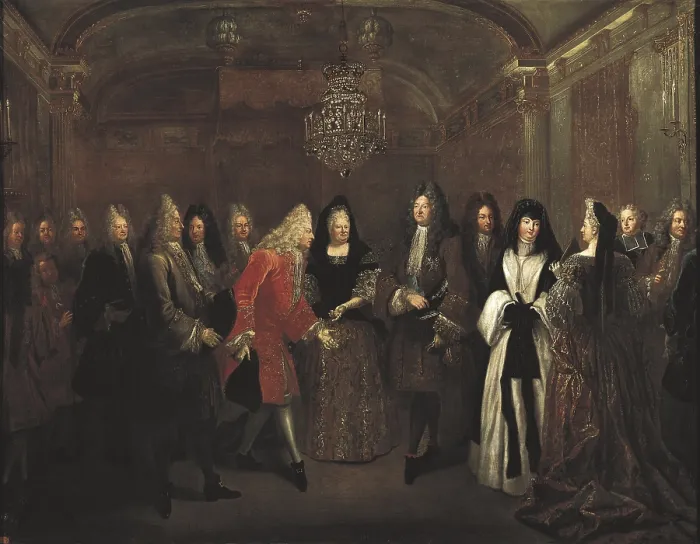 Framed Print : SILVESTRE, Louis, called 'the Younger' (1675-1760). Louis XIV receives in Fontainebleau the Prince Elector of Saxony. September 27th, 1714. Baroque art. Oil on canvas