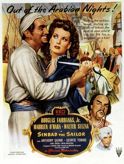 Framed Print : SINBAD THE SAILOR, Douglas Fairbanks Jr, Maureen O'Hara, Walter Slezak, Anthony Quinn, 1947 Framed Print : SINBAD THE SAILOR, Douglas Fairbanks Jr, Maureen O'Hara, Walter Slezak, Anthony Quinn, 1947
