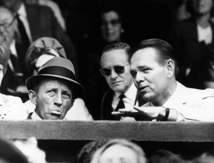 Framed Print : Singer Bing Crosby (1903-1977), tennis champion Jack Kramer, watching the Emerson-Ralston semi-finals match, Wimbledon, England, June 30, 1965
