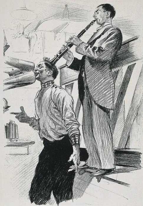 Framed Print : Singer Charlus, nickname of Louis-Napoleon Defer, with a clarinetist in his studio. Drawing by Georges Scott from 'L'Illustration', August 19th, 1899. Drawing